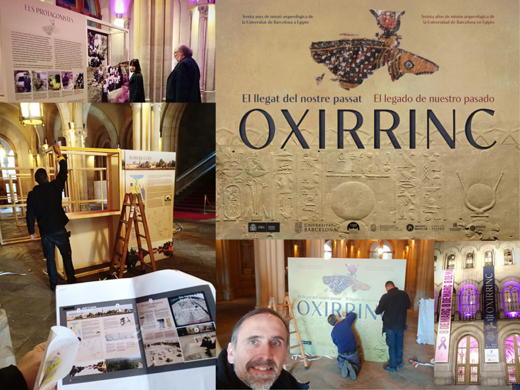 Imatge gràfica de l'exposició i un moment en el procés de muntatge al vestíbul històric de la UB. Quan les idees es fan realitat.